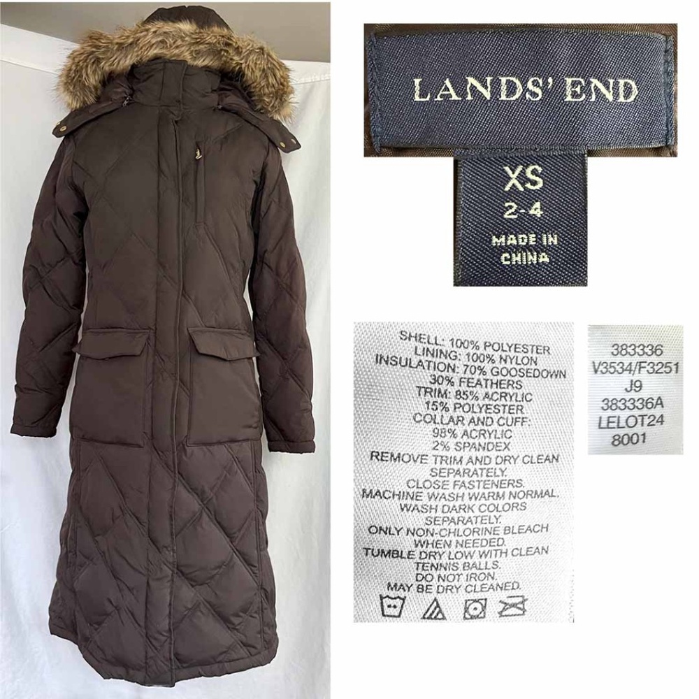 Lands' End Women's Long Puffer Coat with Faux Fur Hood - Brown